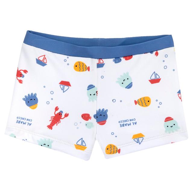 Costume parigamba Chicco per bambino in tessuto tecnico riciclato, con vivace stampa di pesciolini e barchette su fondo bianco e cintura a contrasto. | Chicco