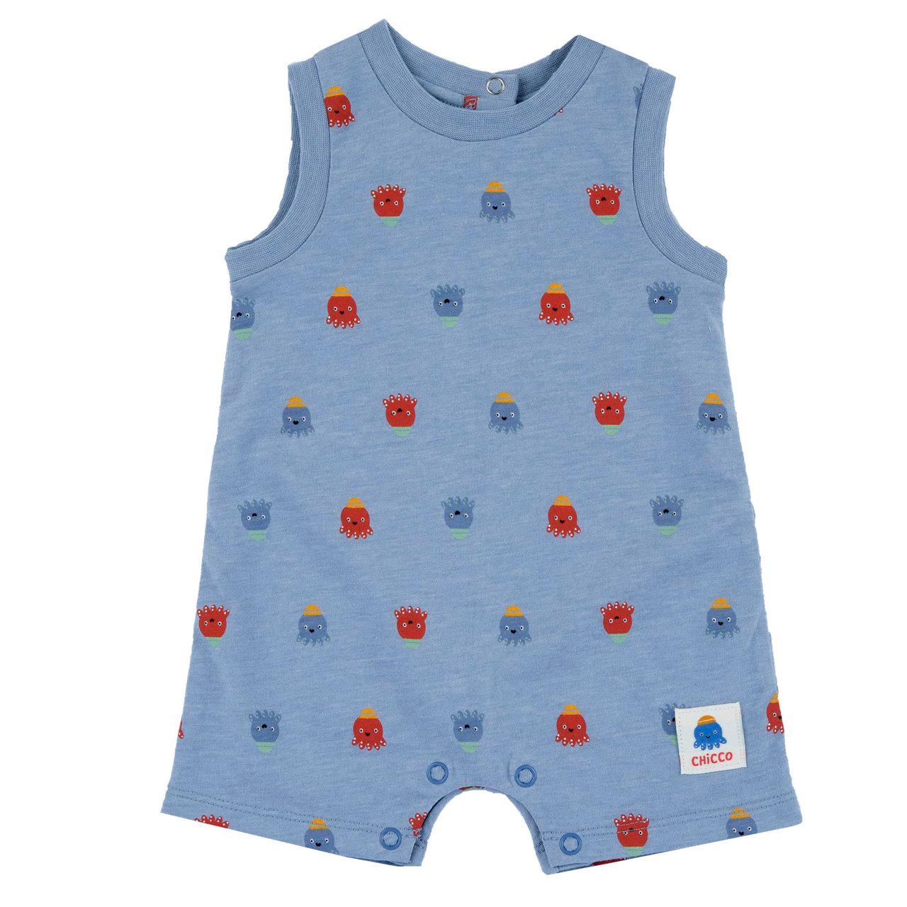 Pagliaccetto azzurro senza maniche in jersey di cotone mélange Chicco per neonato, con stampa fantasia di polipetti e dettagli in costina elasticizzata. | Chicco