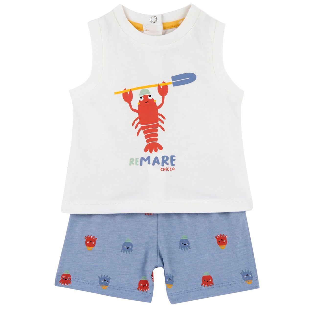 Completo mare Chicco azzurro per bambino con canotta a stampa rilievo e pantaloncini fantasia mélange, cotone sostenibile. | Chicco