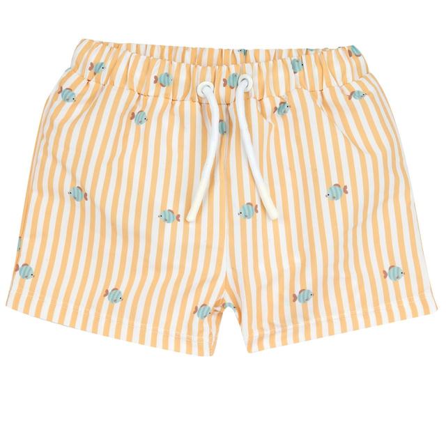 Costume boxer giallo per bambino Chicco con stampa righe e pesciolini, tessuto tecnico riciclato, cintura elasticizzata e slip interno in rete. | Chicco