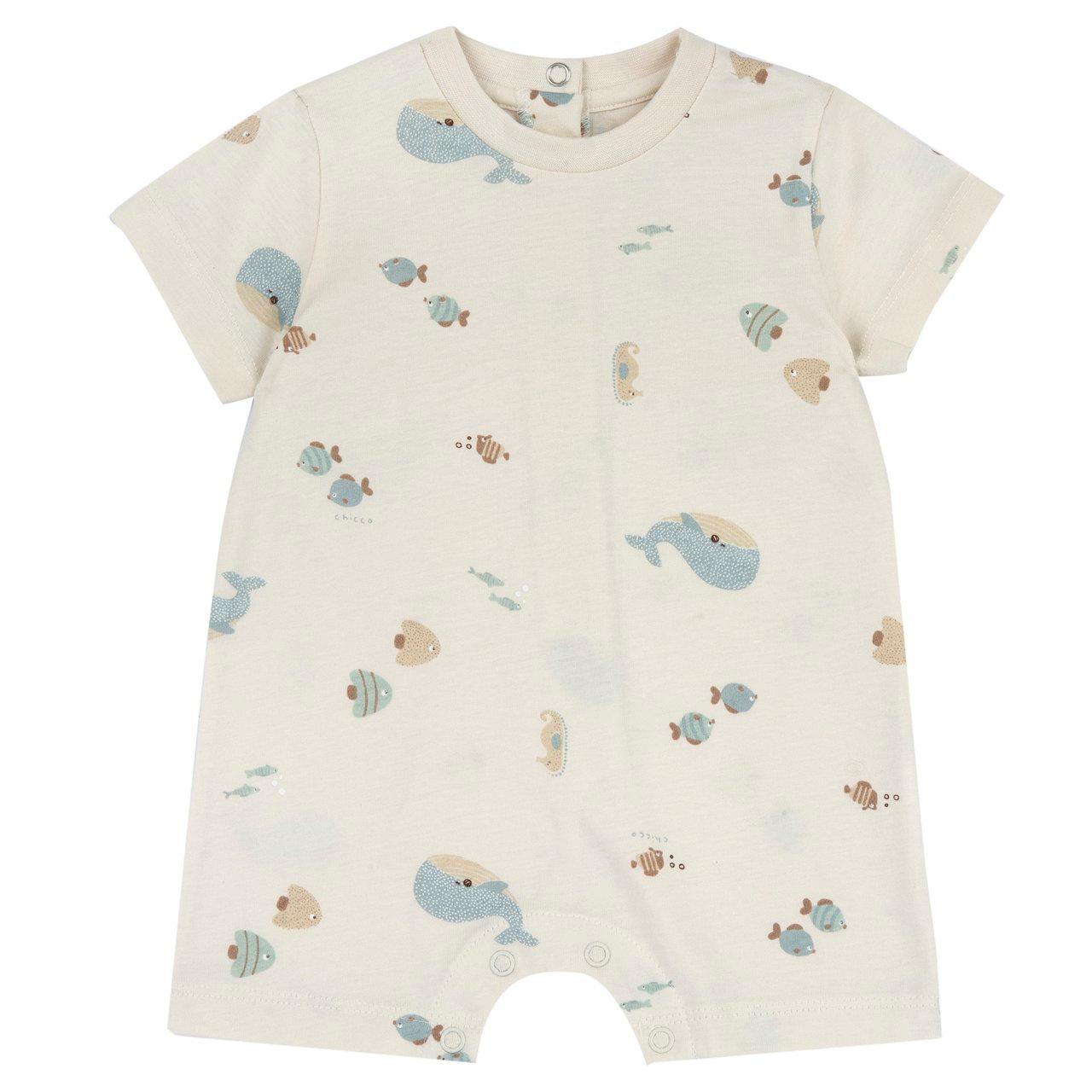 Pagliaccetto Chicco bianco in morbido jersey di cotone con stampa fantasia di pesci e balene effetto acquarello, manica corta e bottoni automatici. | Chicco