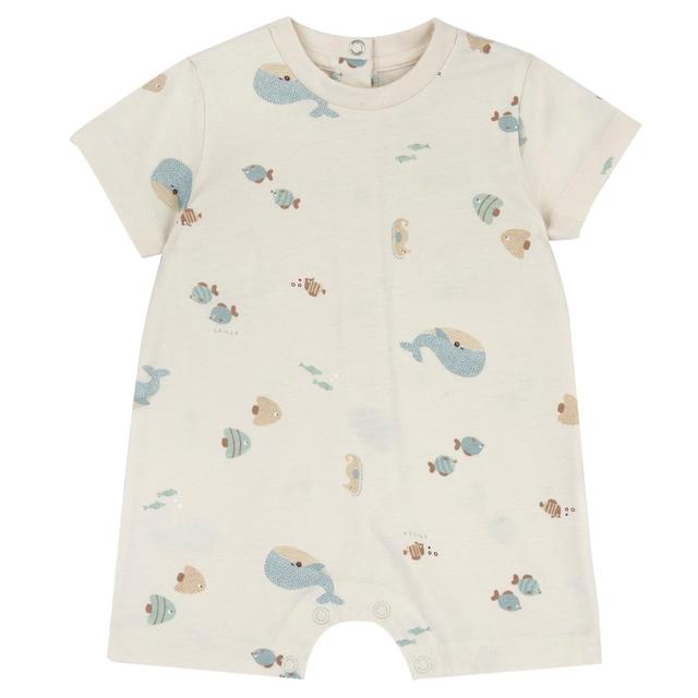 Pagliaccetto Chicco bianco in morbido jersey di cotone con stampa fantasia di pesci e balene effetto acquarello, manica corta e bottoni automatici. | Chicco