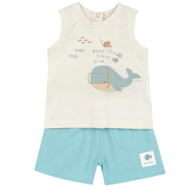 Completo estivo per bambino Chicco in jersey di cotone sostenibile, composto da canotta bianca con stampa acquerello e pantaloni corti con vita elasticata. | Chicco
