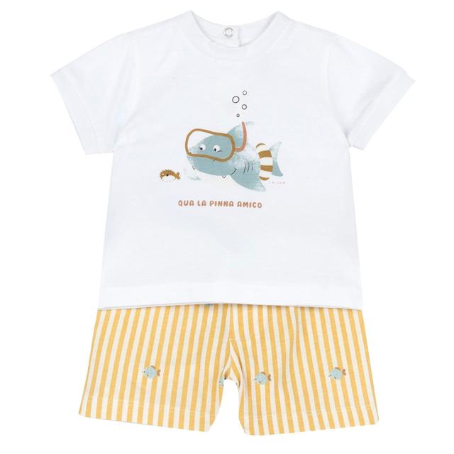 Completo Chicco per bambino in jersey di cotone, maglietta bianca manica corta con stampa acquarello e pantaloni corti fantasia con vita elasticata e coulisse. | Chicco