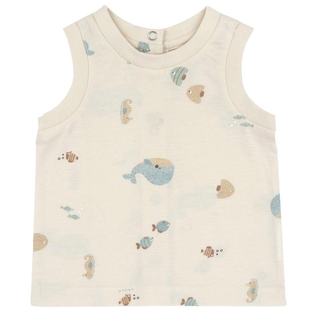 Canotta mare bianca in jersey di cotone sostenibile per bambino Chicco con stampa fantasia di pesci e balene effetto acquarello. | Chicco