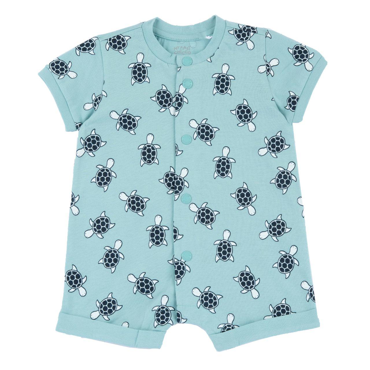 Pagliaccetto manica corta in jersey di cotone 100% sostenibile per neonato, con stampa fantasia di tartarughe su sfondo azzurro, collezione Chicco. | Chicco