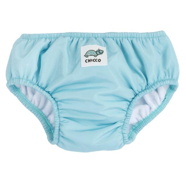 Costume contenitivo azzurro Chicco per bambino con stampa tartaruga sul retro e etichetta in rilievo sul davanti, ideale per primavera/estate. | Chicco