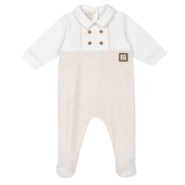 Tutina bianca Chicco aperta dietro per neonato in morbido jersey di cotone elasticizzato, ideale per primavera/estate, con bottoni automatici sul retro e stampa antiscivolo sotto i piedini. | Chicco