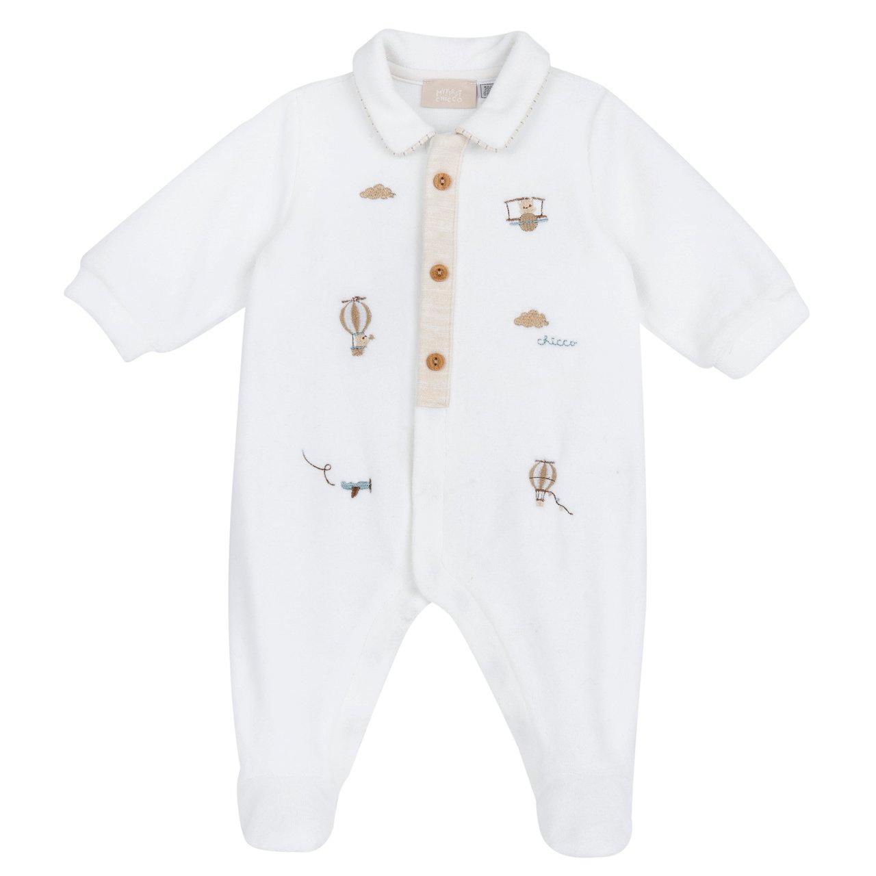 Tutina aperta davanti in ciniglia bianca Chicco per bambino, con dettagli ricamati e stampa antiscivolo sotto ai piedini. | Chicco