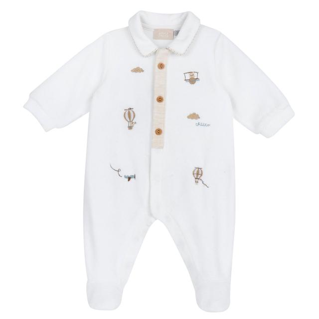 Tutina aperta davanti in ciniglia bianca Chicco per bambino, con dettagli ricamati e stampa antiscivolo sotto ai piedini. | Chicco