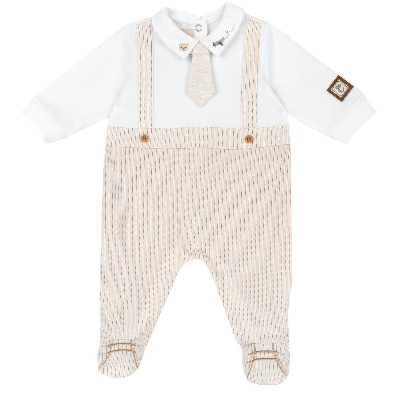 Tutina bianca Chicco aperta interno gamba per neonato in morbido jersey di cotone elasticizzato, con dettagli ricamati sul collo e cravatta fantasia rimovibile. | Chicco