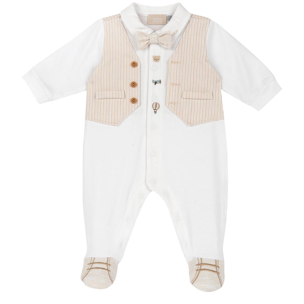 Tutina aperta davanti Chicco bianca in morbido jersey di cotone elasticizzato, con dettagli ricamati e stampa antiscivolo sotto i piedini. | Chicco