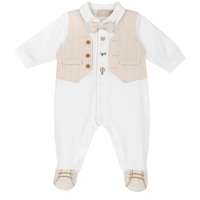 Tutina aperta davanti Chicco bianca in morbido jersey di cotone elasticizzato, con dettagli ricamati e stampa antiscivolo sotto i piedini. | Chicco