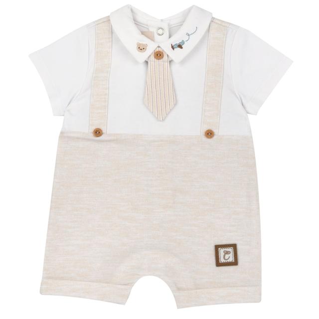 Pagliaccetto Chicco bianco a manica corta in jersey di cotone elasticizzato con cravatta removibile e dettagli ricamati, ideale per la primavera/estate. | Chicco