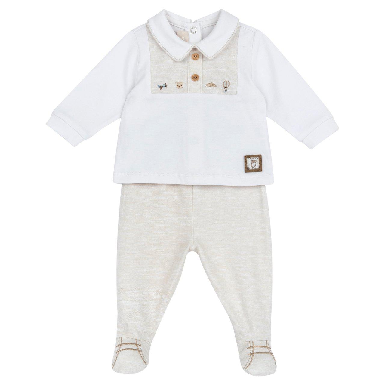 Completo Chicco bianco in morbido jersey di cotone elasticizzato per neonato, con piedini, dettagli ricamati e chiusura con bottoni automatici posteriori. | Chicco