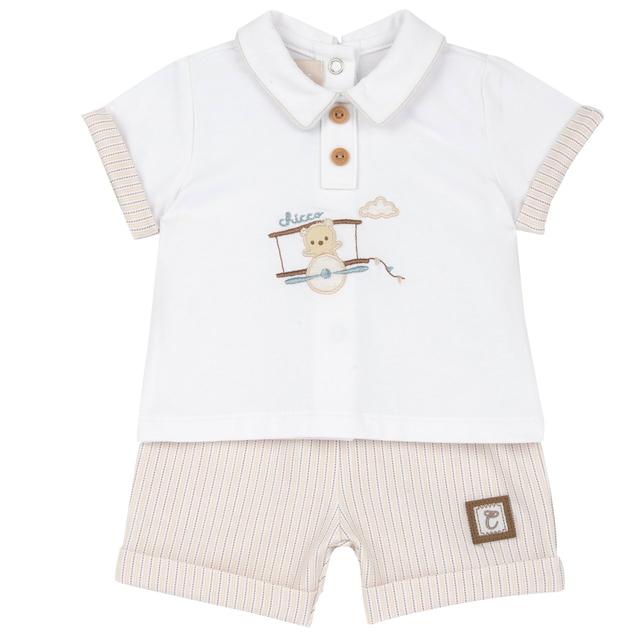 Completo Chicco per bambino in cotone elasticizzato bianco, maglietta manica corta con stampa fantasia e pantaloncini corti, ideale per primavera/estate. | Chicco