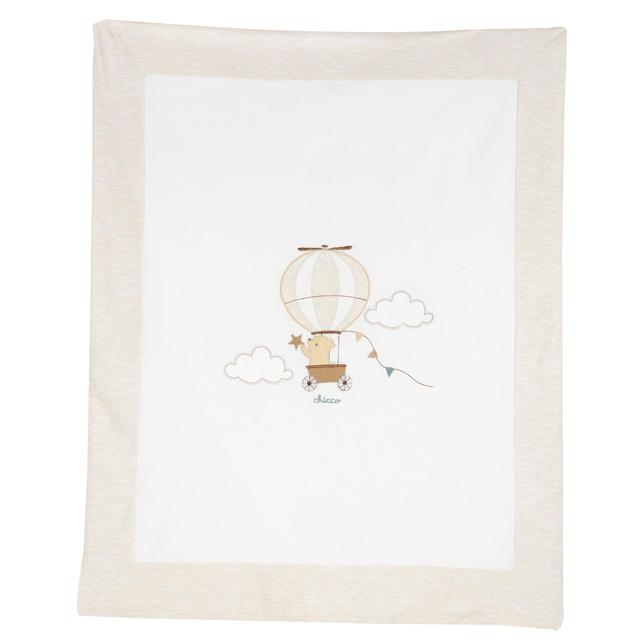 Coperta sfoderabile per carrozzina Chicco in jersey di cotone elasticizzato bianco con grafica frontale e ricami, retro fantasia, 80x64 cm, ideale primavera/estate. | Chicco