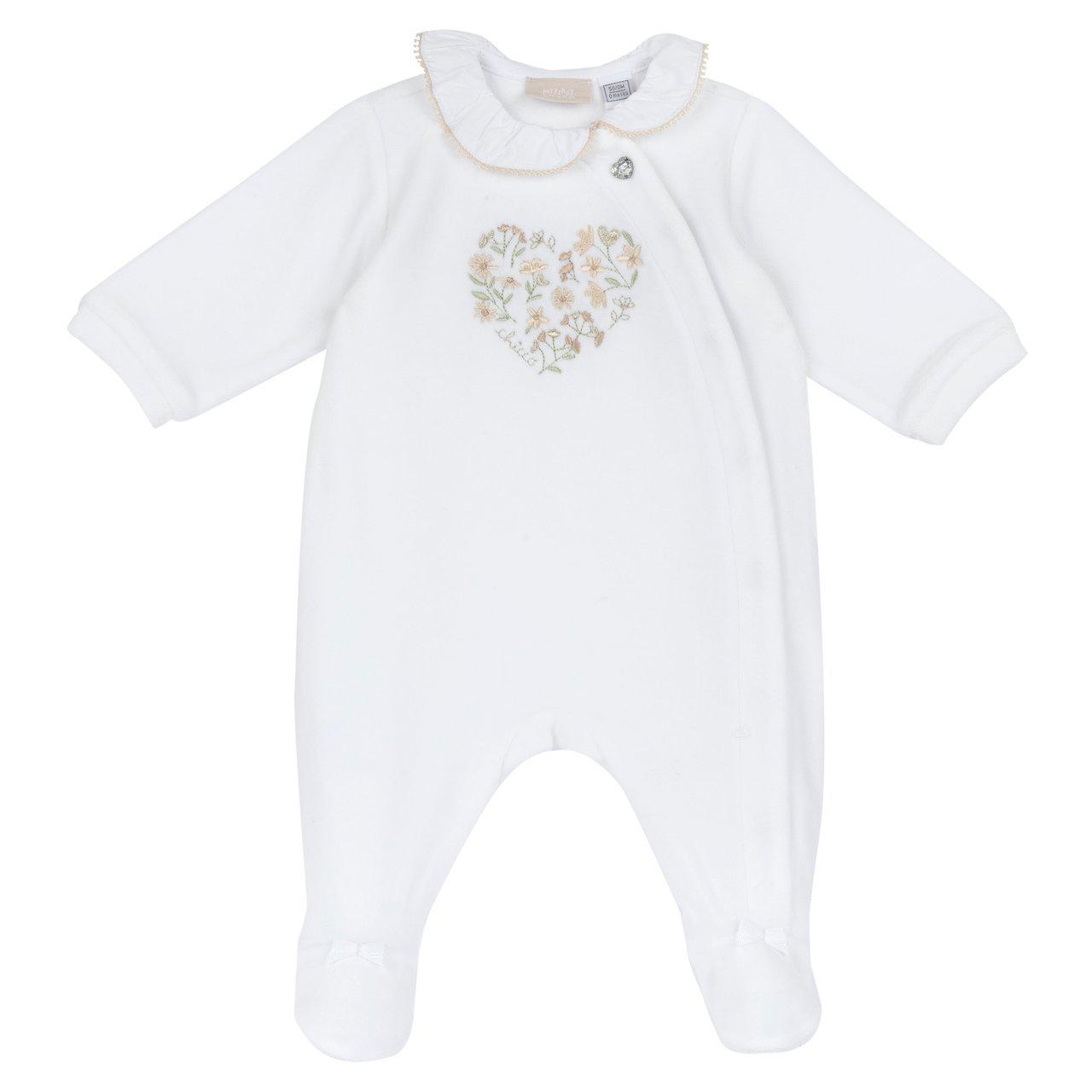 Tutina aperta davanti in ciniglia bianca per bambina Chicco, con collo a corolla, grafica ricamata luminosa e bottoni automatici nascosti. | Chicco