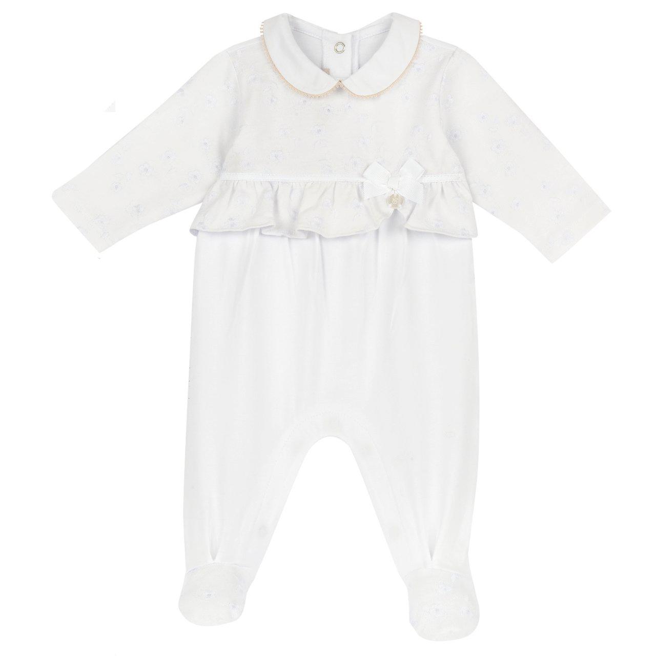 Tutina bianca in cotone elasticizzato effetto Sangallo per bambina, con medaglietta madreperla e fiocco, apertura entrogamba e stampa antiscivolo. | Chicco