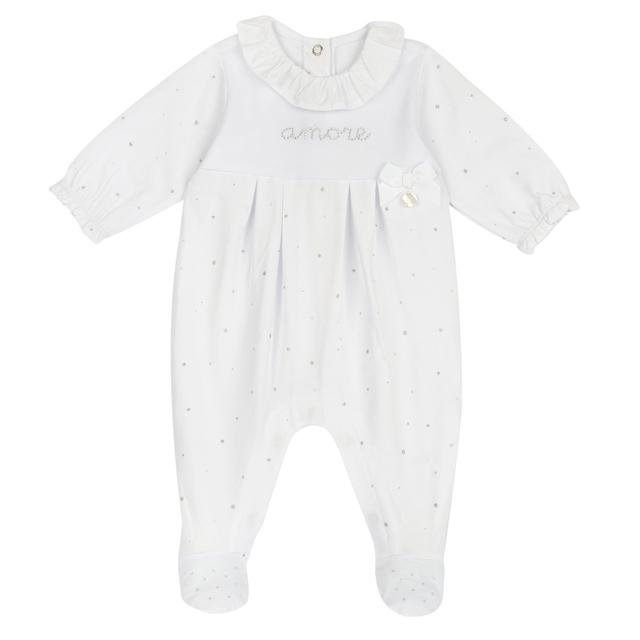 Tutina bianca Chicco per bambina in cotone elasticizzato con applicazioni strass, tulle e stampa glitter argento, apertura interno gamba. | Chicco