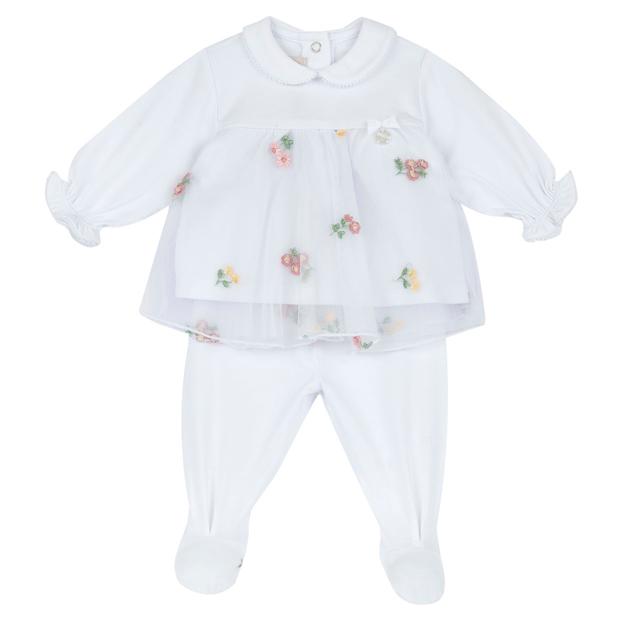 Completo Chicco bianco in jersey di cotone elasticizzato per bambina, con maglia a balza e fiori ricamati, pantaloni con piedini e dettagli gioiello. | Chicco