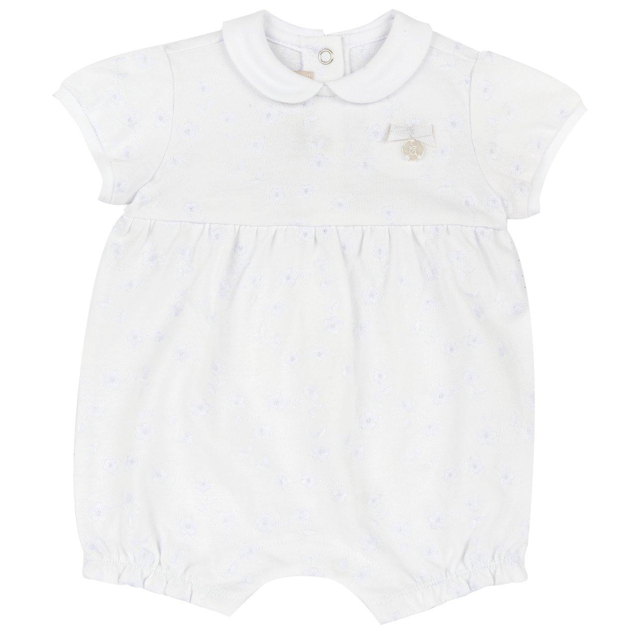 Pagliaccetto corto bianco in jersey di cotone ricamato per bambina Chicco, con fiocco e medaglietta effetto madreperla. | Chicco