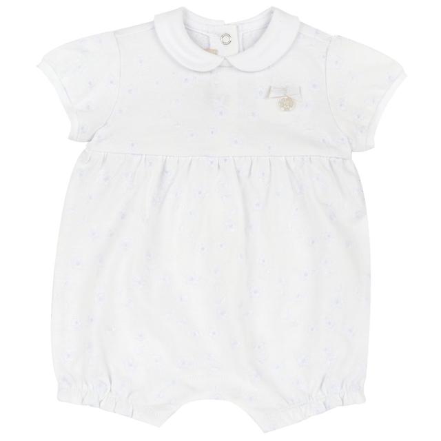 Pagliaccetto corto bianco in jersey di cotone ricamato per bambina Chicco, con fiocco e medaglietta effetto madreperla. | Chicco
