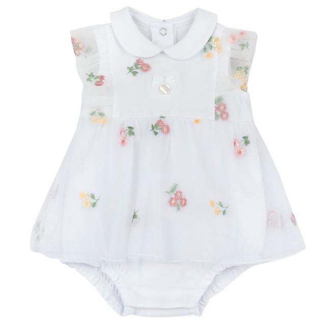 Pagliaccetto effetto abito Chicco bianco per bambina in morbido jersey di cotone elasticizzato e tulle ricamato, con collo baby, fiocco e medaglietta madreperla. | Chicco
