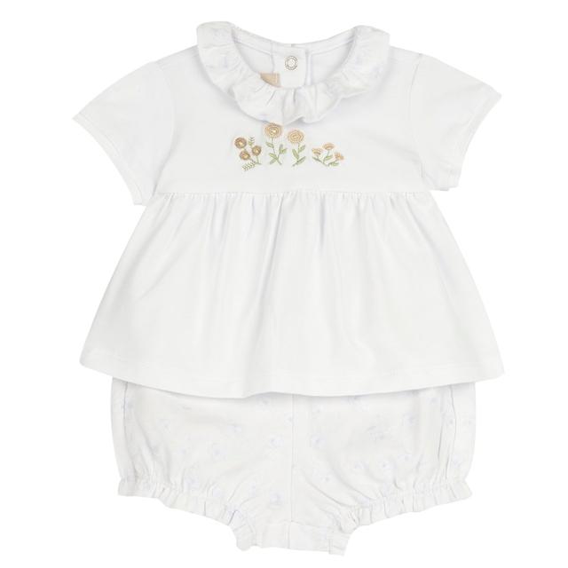 Completo estivo Chicco per bambina in morbido cotone bianco, con maglietta a manica corta e pantaloni corti ricamati effetto Sangallo e filo luminoso. | Chicco