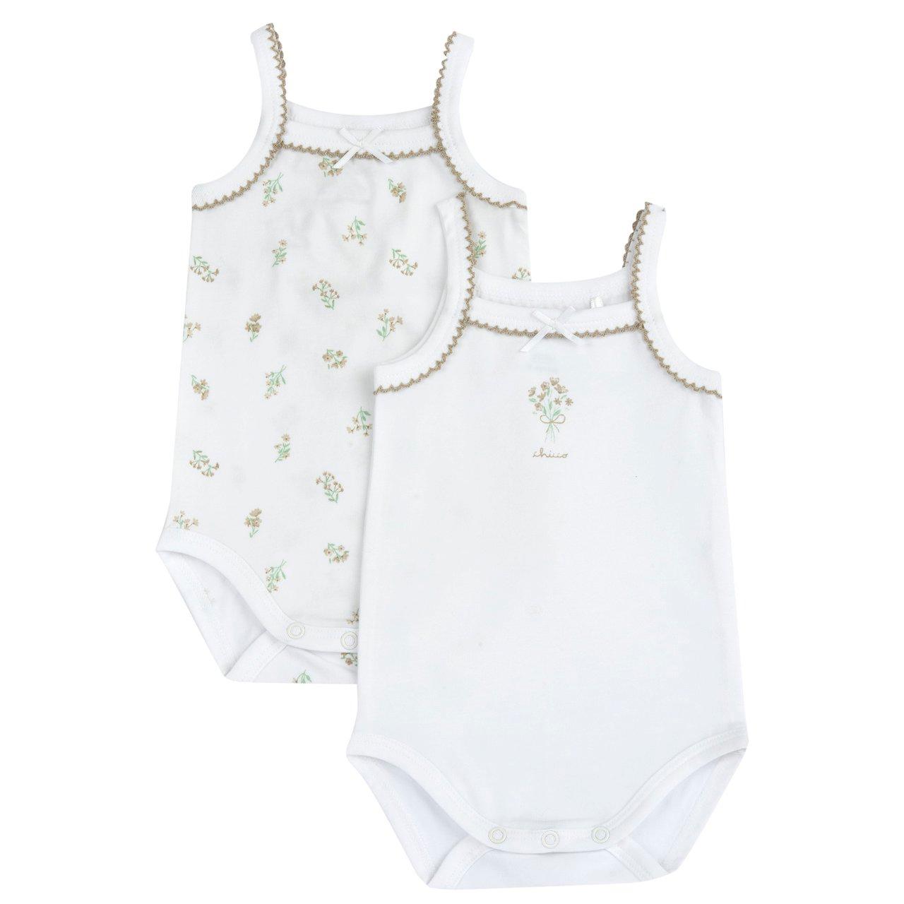 Set body intimo bambina Chicco a spallina stretta in cotone sostenibile bianco con stampa fantasia, certificato Oeko-Tex. | Chicco