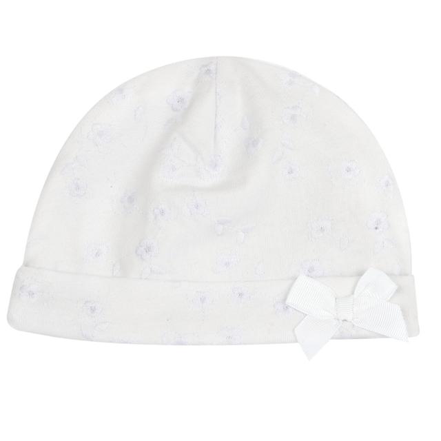 Cappello con risvolto Chicco bianco in jersey di cotone sostenibile per bambina, con medaglietta madreperla e fiocco applicato. | Chicco