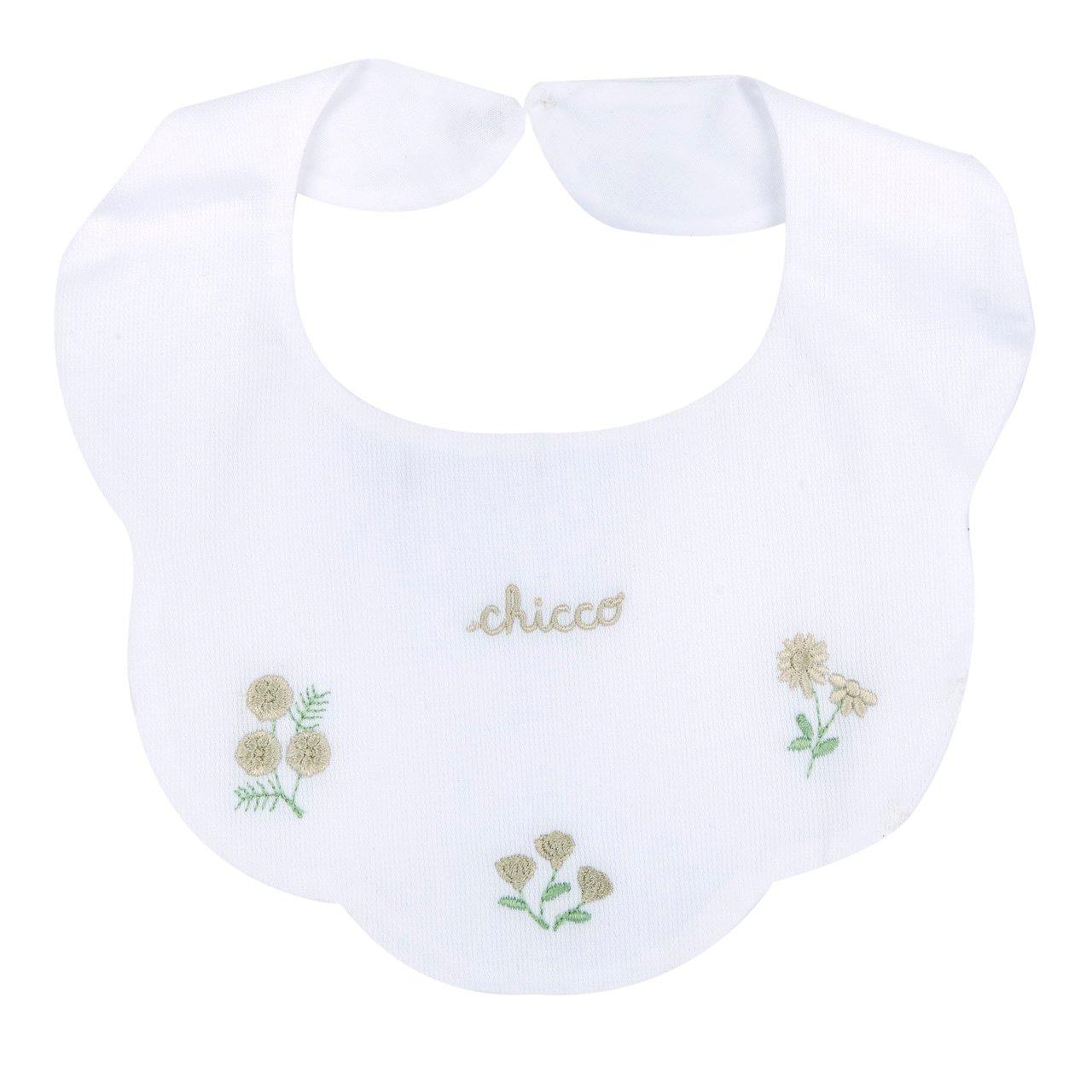 Bavaglino Chicco in piquet bianco per bambina, con ricamo grafico raffinato, ideale per primavera/estate, realizzato in cotone sostenibile e certificato Oeko-Tex. | Chicco