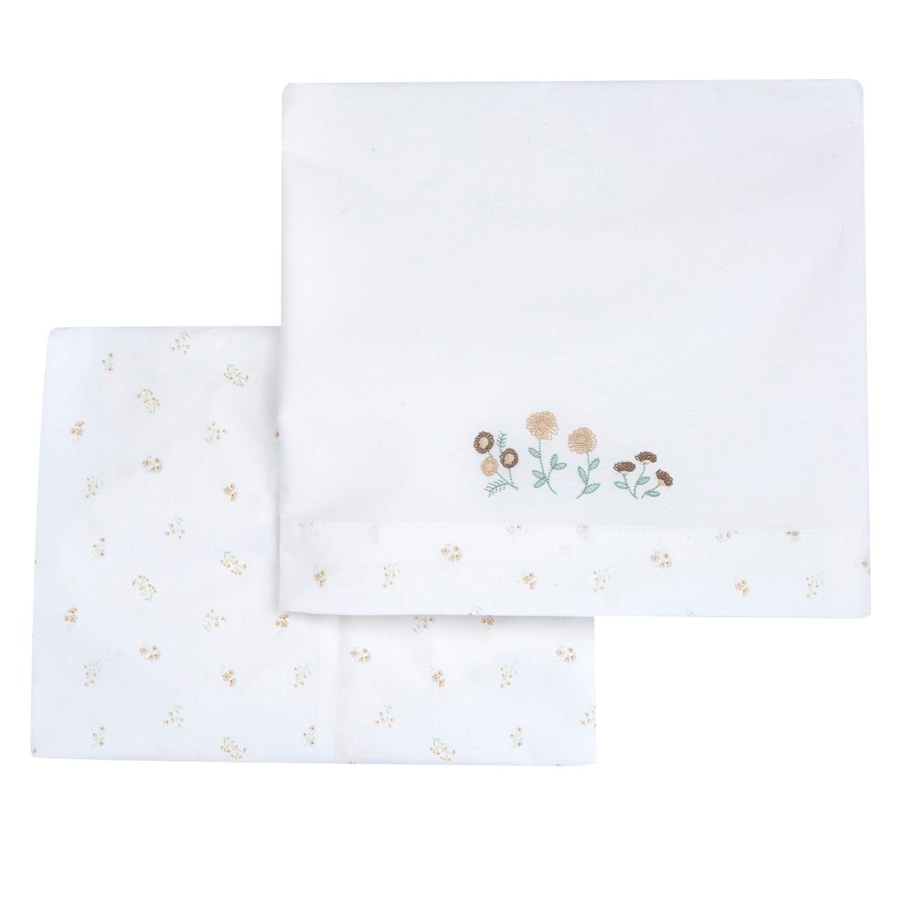 Set lenzuola carrozzina Chicco bianco in 100% cotone popeline, con grafica ricamata e dettaglio fantasia, ideale per bambine primavera/estate. | Chicco