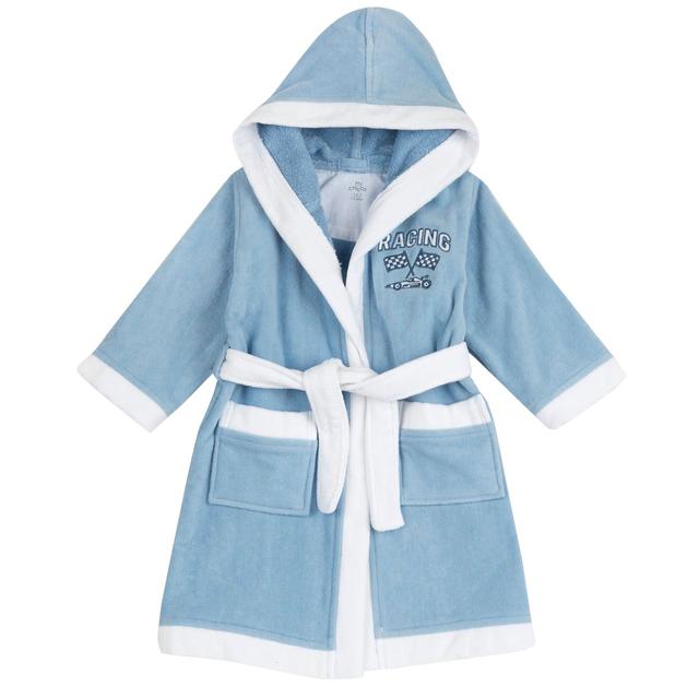 Accappatoio Chicco azzurro in morbida spugna di cotone 100% per bambino, con ricamo, tasche, cappuccio e cintura. | Chicco