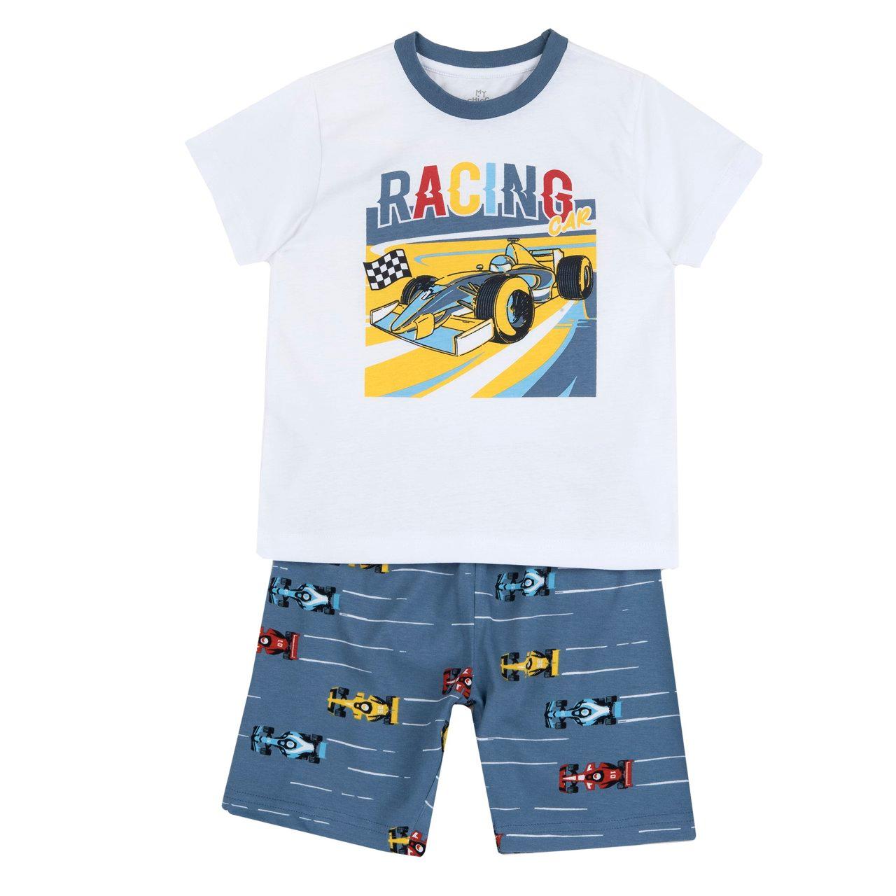 Pigiama corto in cotone bianco per bambino Chicco con stampa auto e pantaloni fantasia, ideale per primavera/estate. | Chicco