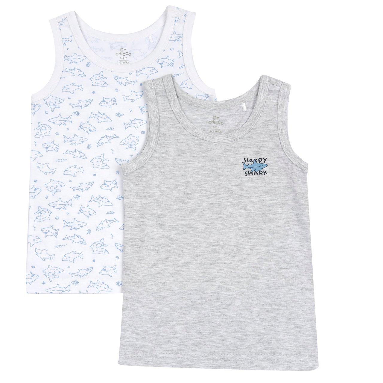 Set due canottiere intime per bambini Chicco in morbido jersey di cotone sostenibile beige, una con fantasia e una mélange con stampa, trattamento antimicrobico. | Chicco