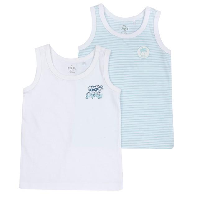 Set di 2 canottiere intime Chicco per bambini, una a righe e una bianca tinta unita, in cotone sostenibile. | Chicco