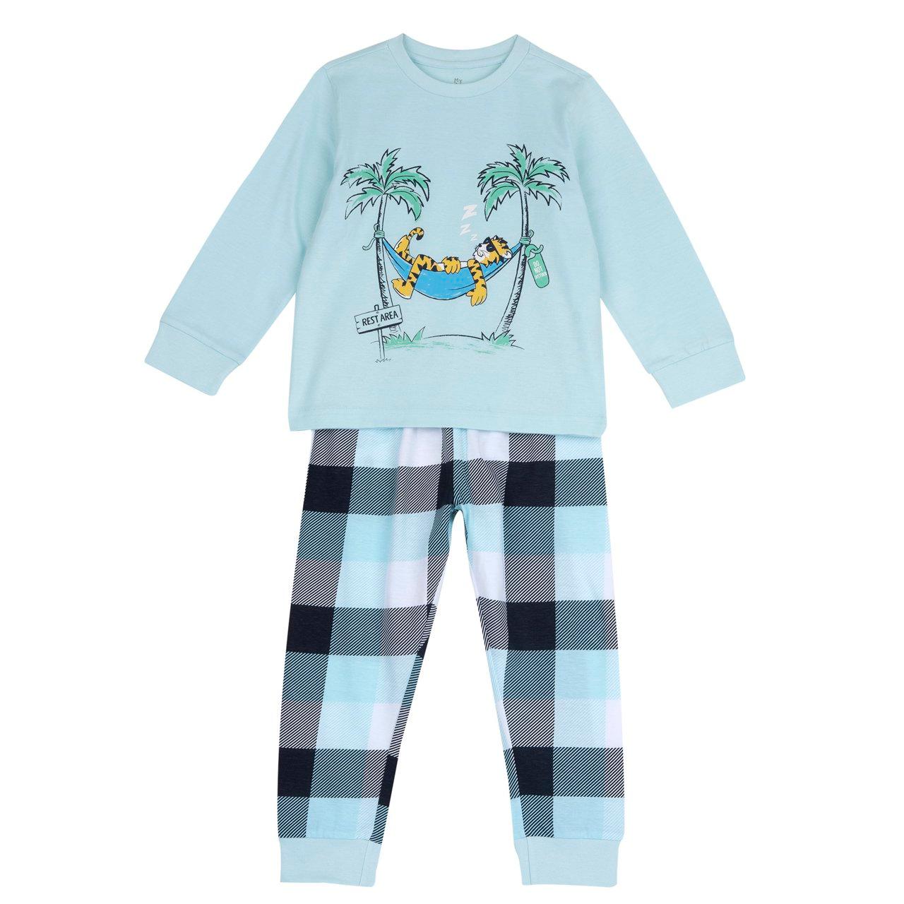 Pigiama lungo azzurro in jersey di cotone sostenibile per bambino Chicco con stampa tigre sulla maglia e pantaloni a quadri. | Chicco