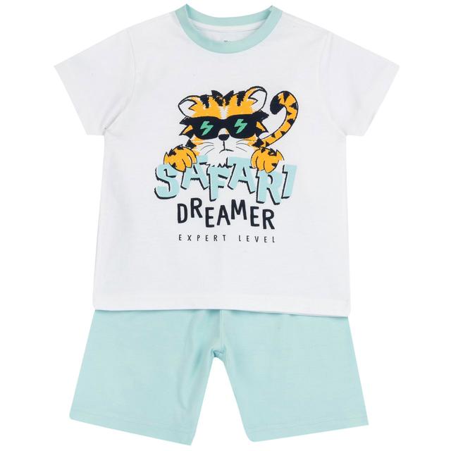 Pigiama corto Chicco in morbido jersey di cotone bianco per bambino, con maglietta tigrotto e pantaloni tinta unita, ideale primavera/estate. | Chicco
