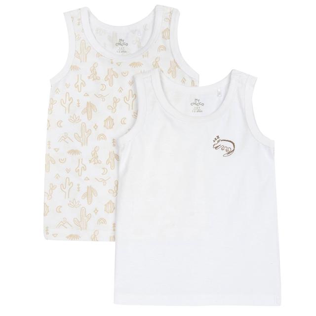 Set di due canottiere intime per bambino Chicco, una a fantasia e una bianca, in morbido cotone sostenibile con stampa e trattamento antimicrobico. | Chicco