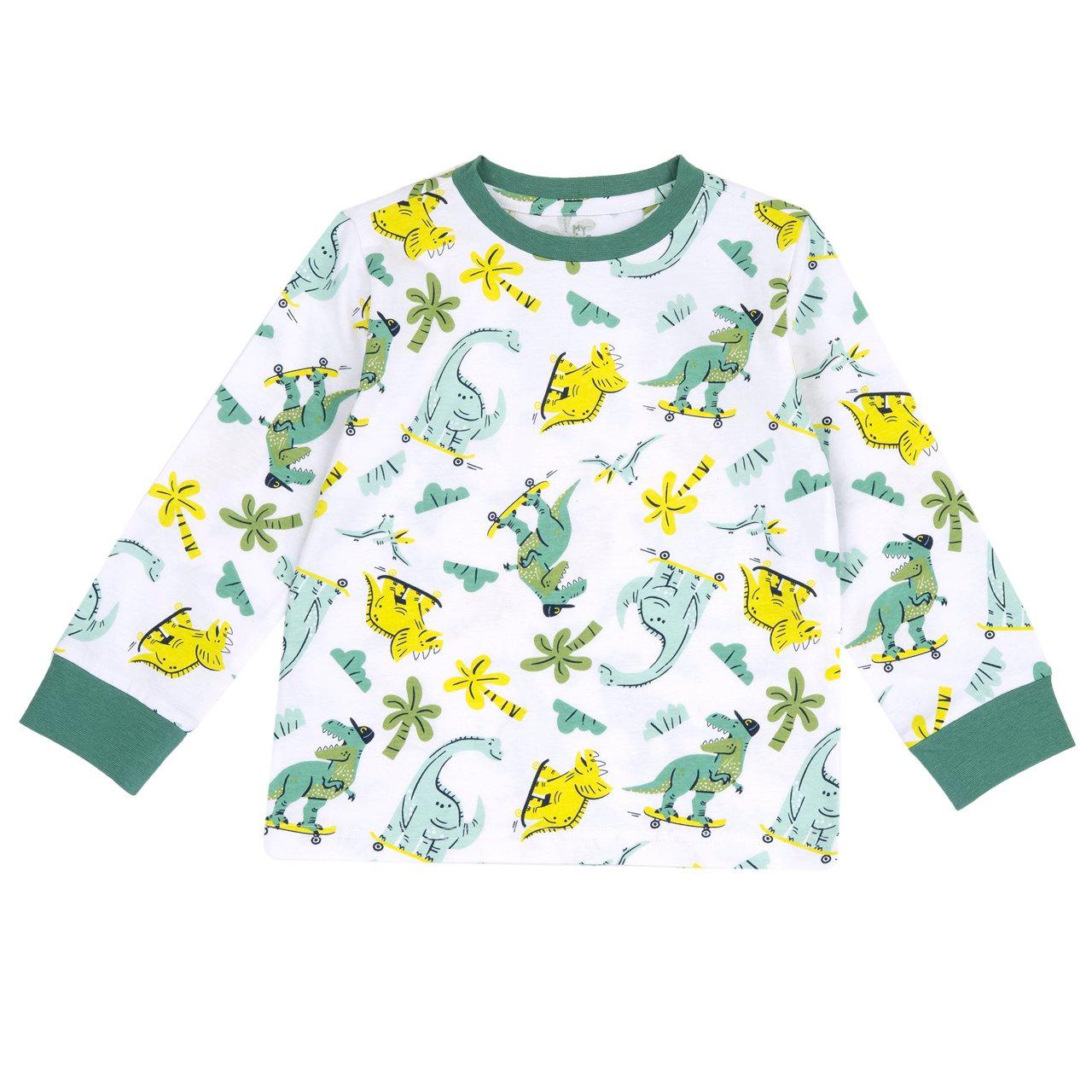 Maglietta pigiama a manica lunga bianca in cotone sostenibile Chicco con fantasia dinosauri per bambini, certificata Oeko-Tex. | Chicco