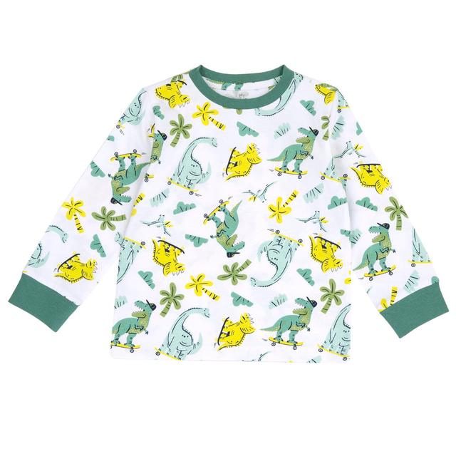 Maglietta pigiama a manica lunga bianca in cotone sostenibile Chicco con fantasia dinosauri per bambini, certificata Oeko-Tex. | Chicco