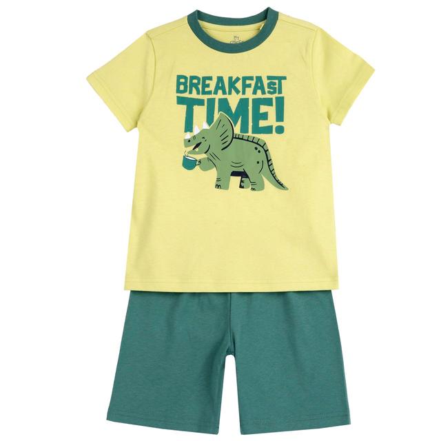 Pigiama corto verde Chicco per bambini con maglietta a stampa dinosauro e pantaloncini tinta unita, in morbido cotone sostenibile. | Chicco