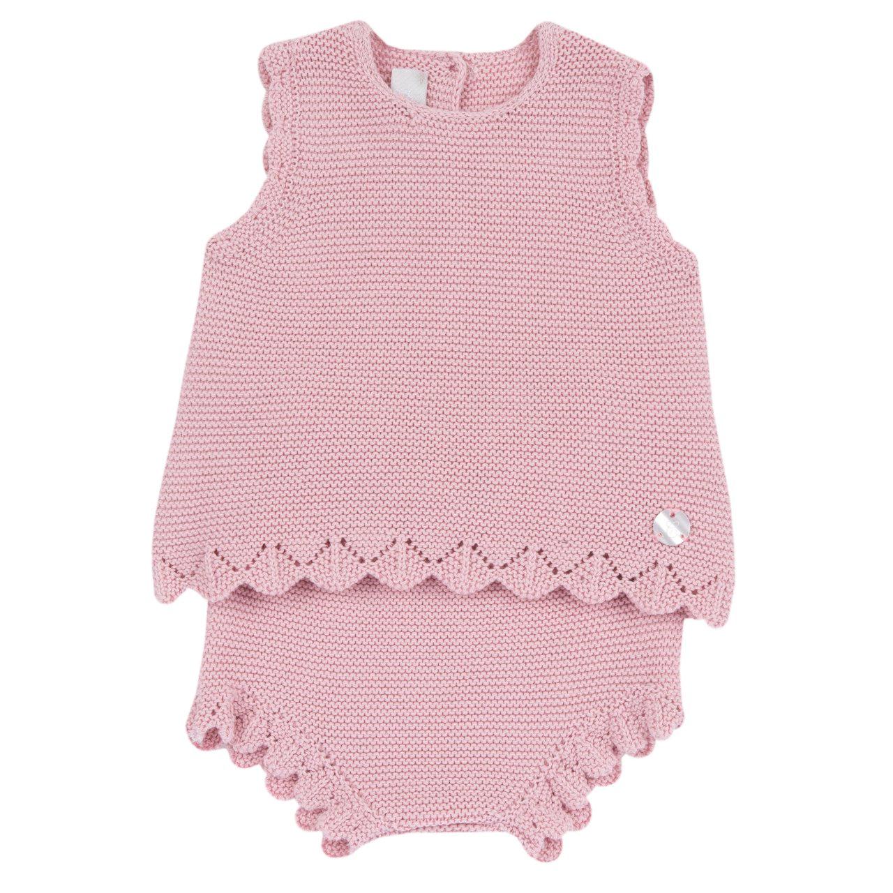Completo in maglia di cotone viola Chicco per bambina, composto da top con bottoncini madreperla e culotte, ideale primavera/estate. | Chicco
