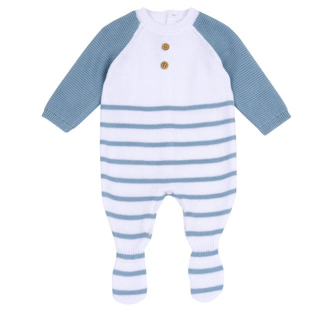 Tutina azzurra in maglia di cotone sostenibile Chicco per neonato, con pratica apertura interna gamba, ideale per primavera/estate. | Chicco