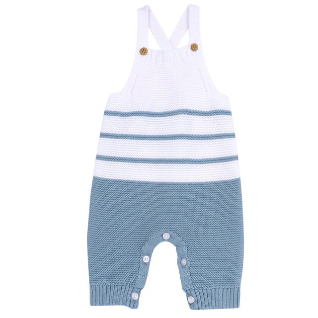 Salopette lunga azzurra in maglia di cotone sostenibile Chicco per bambino, con bottoni effetto legno e madreperla. | Chicco