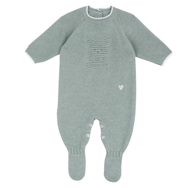 Tutina Chicco unisex in maglia di cotone sostenibile verde, con apertura interna gamba a bottoni e dettagli ricamati. | Chicco