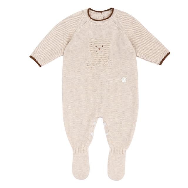 Tutina Chicco unisex in maglia di cotone sostenibile verde, con apertura interna gamba a bottoni e dettagli ricamati. | Chicco