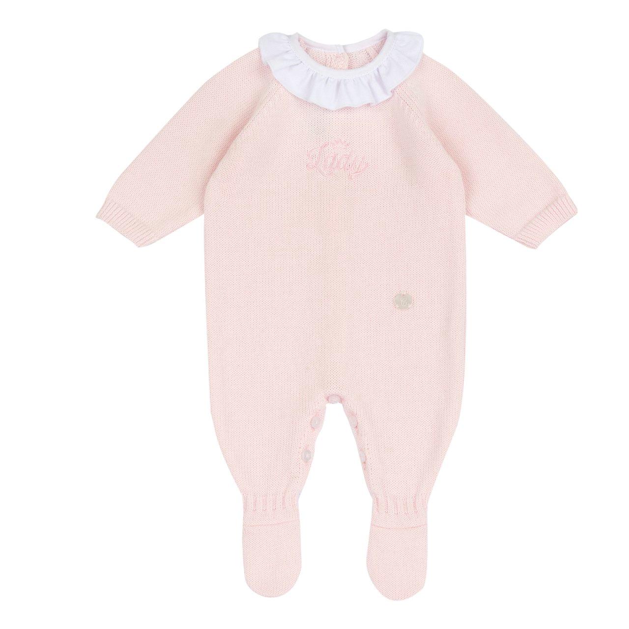 Tutina aperta interno gamba Chicco in maglia di cotone sostenibile certificato Oeko-Tex, colore rosa, con grafica ricamata tono su tono, ideale per bambina primavera/estate. | Chicco