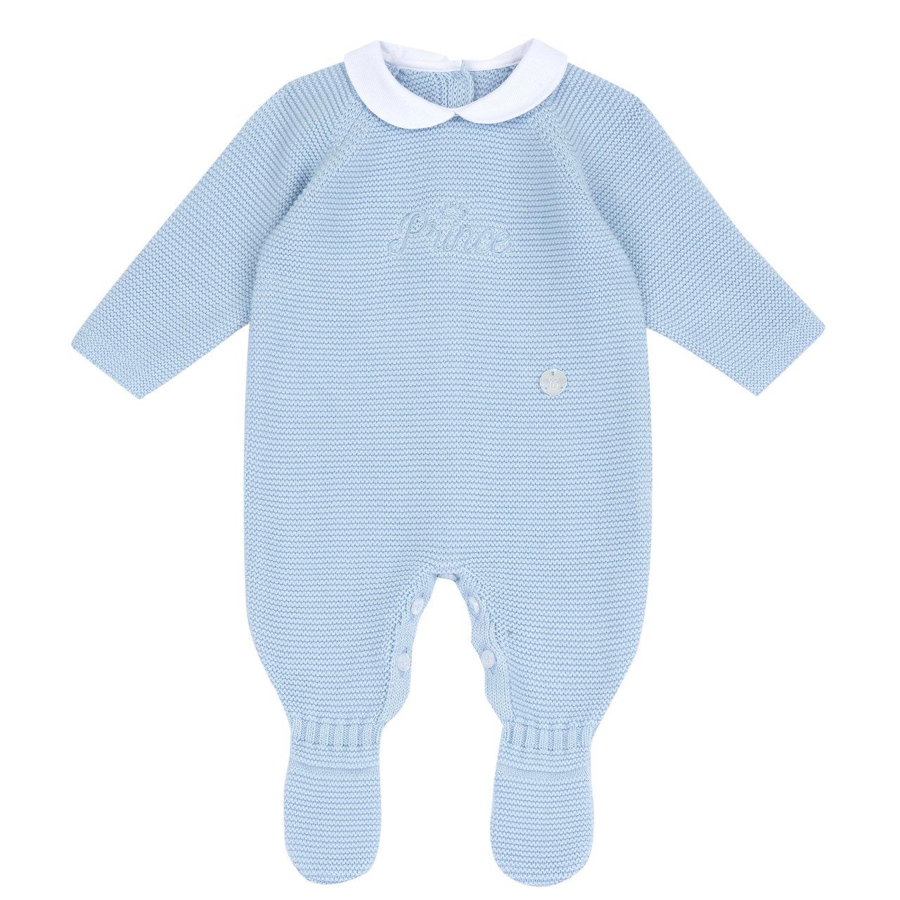 Tutina neonato Chicco azzurra in maglia di cotone sostenibile con apertura entrogamba e grafica ricamata tono su tono. | Chicco